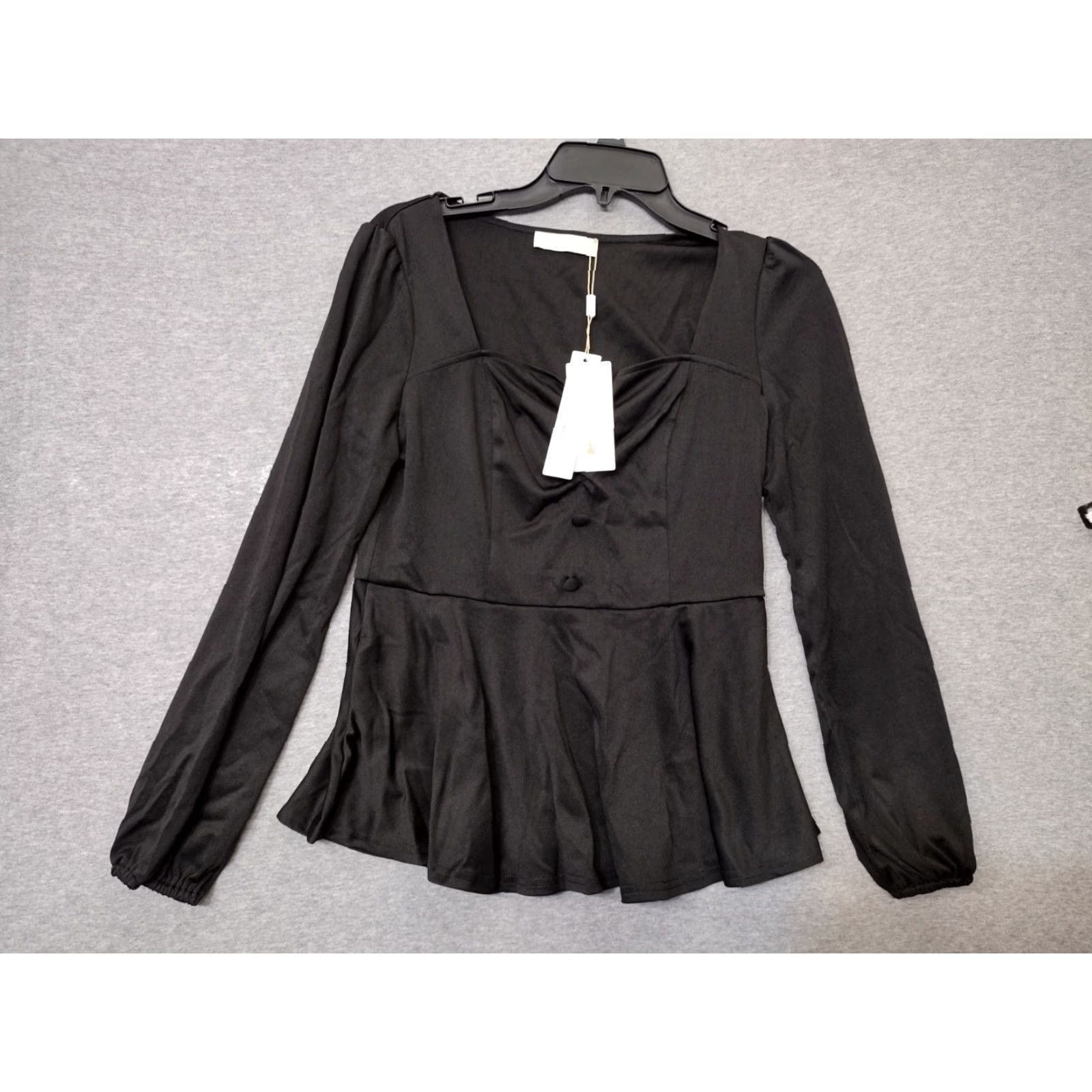Vintage Belle Poque Long Sleeve Peplum Blouse Women Black M Shirt Womens Peplum Blouse 80s Square Neck Casual Solid Black Long Sleeve Classic Fit Size M / US 6-8 / IT 42-44 - 2 Thumbnail