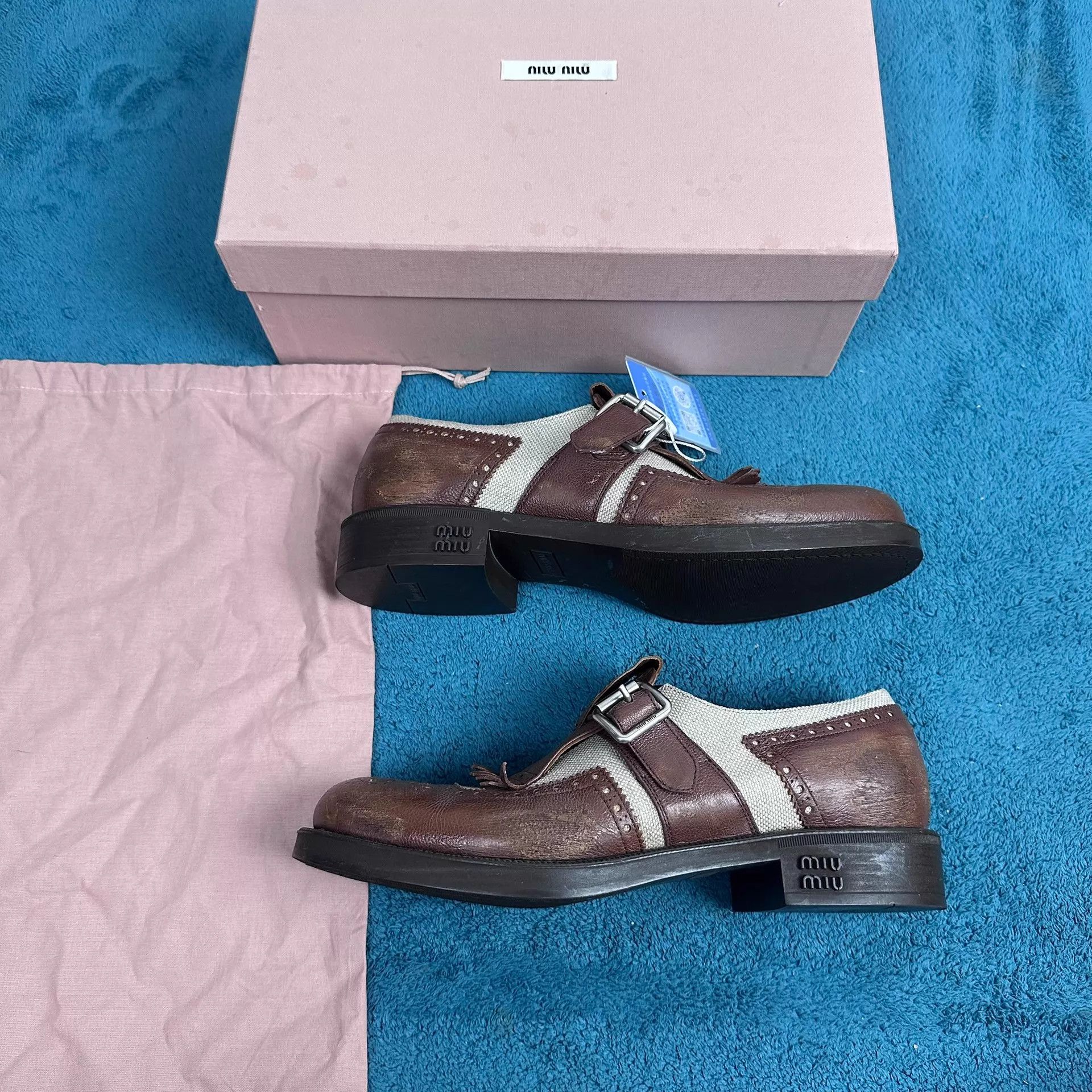 Miu Miu MIU MIU Brown-Gray Leather Cap-Toe Buckle Dress Shoes 38 Size US 7.5 / IT 37.5 - 2 Thumbnail