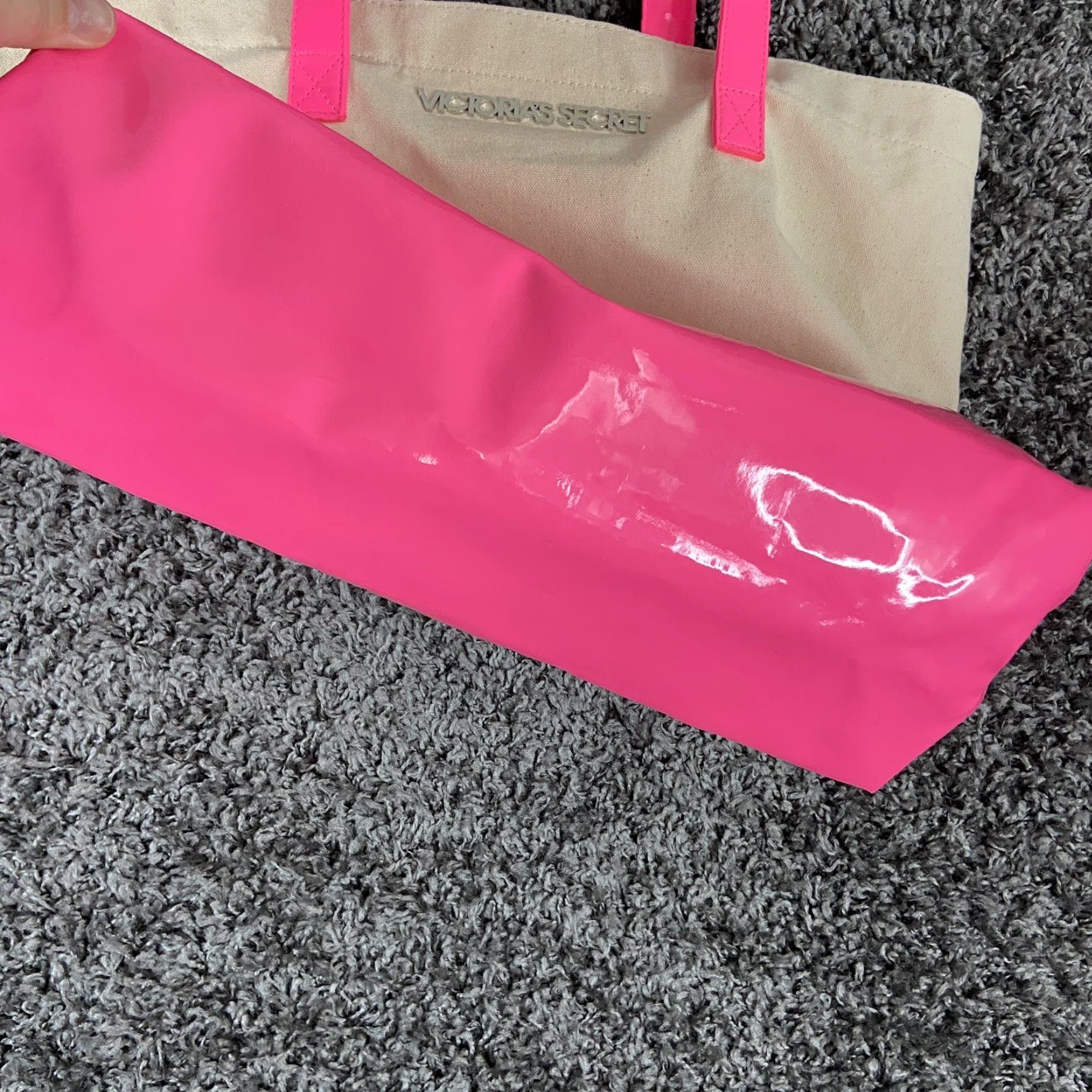 Victoria's Secret VINTAGE Victoria's Secret Tote Bag Canvas Pink Beige Women's Tote Bag Purse Adult Women Pink Beige Short Strap Overn? Size ONE SIZE - 3 Thumbnail
