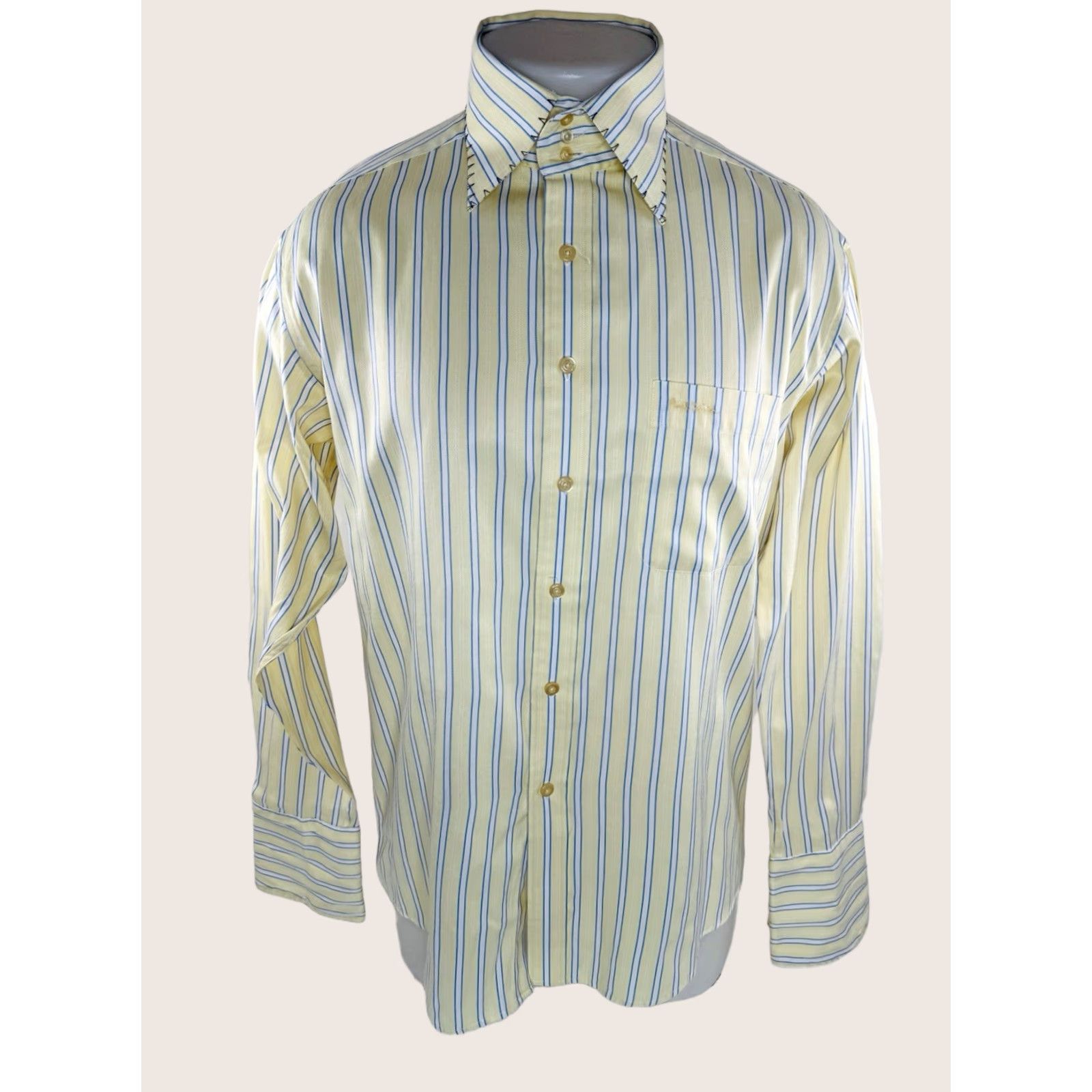 Paul Smith Paul Smith London Striped Embroidered Dress Shirt 17 33/34 French Cuff Long Sleeve Mens Yellow Blue White Nn Size 46R - 1 Thumbnail