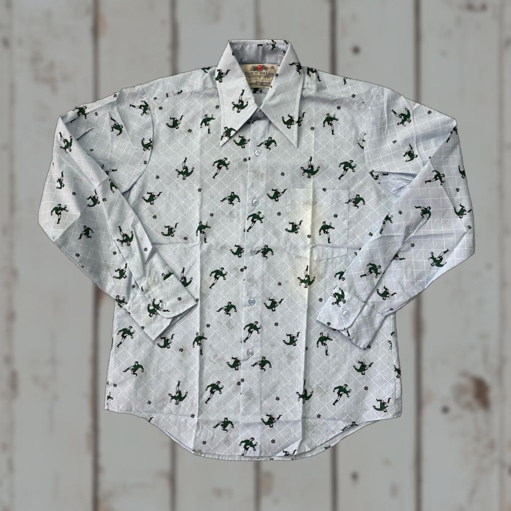 VINTAGE Fruit of the Loom Golden Harvest Shirt Medium Mens Blue 70s Dagger Button-Up Collar