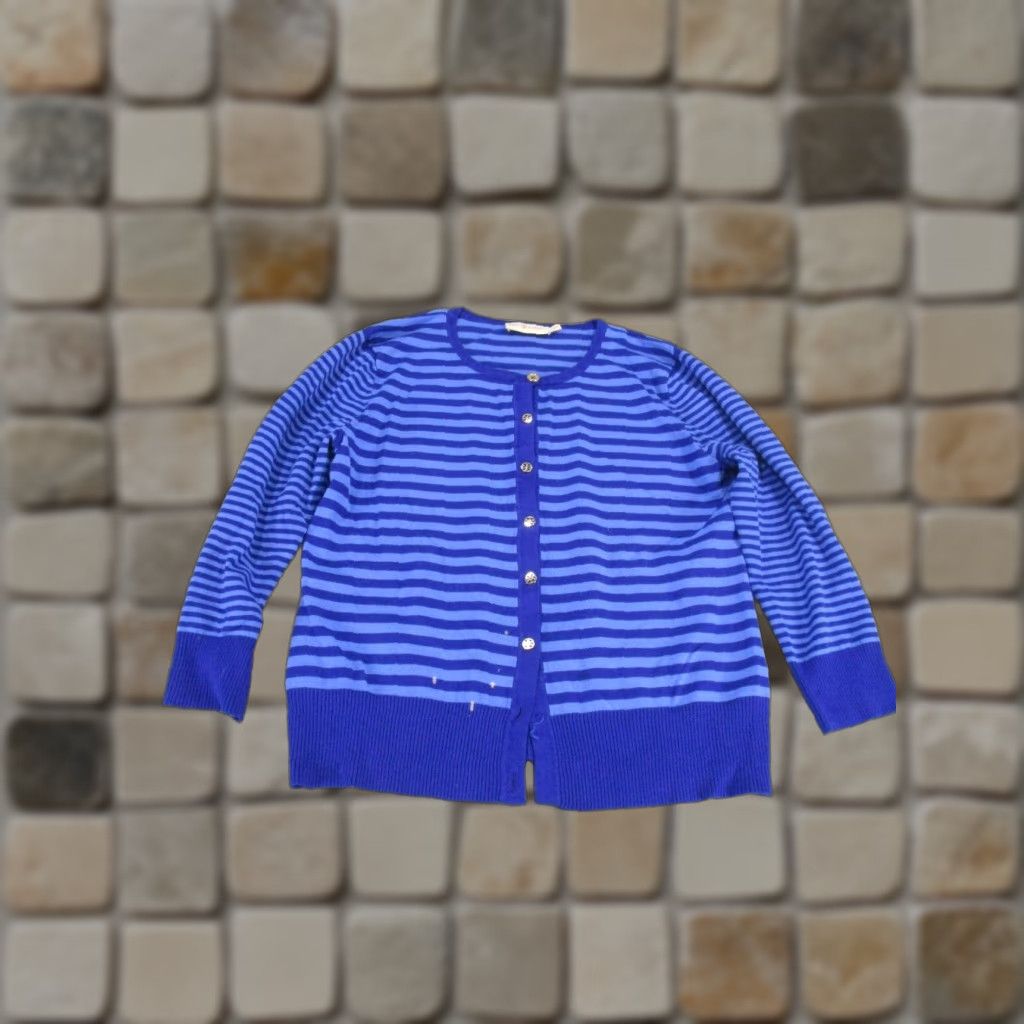 Tory Burch VINTAGE Tory Burch Women's Sweater Cardigan Small Blue Striped Crew Neck Long Sleeve Cotton Blend 90s Girls Size S / US 4 / IT 40 - 1 Thumbnail