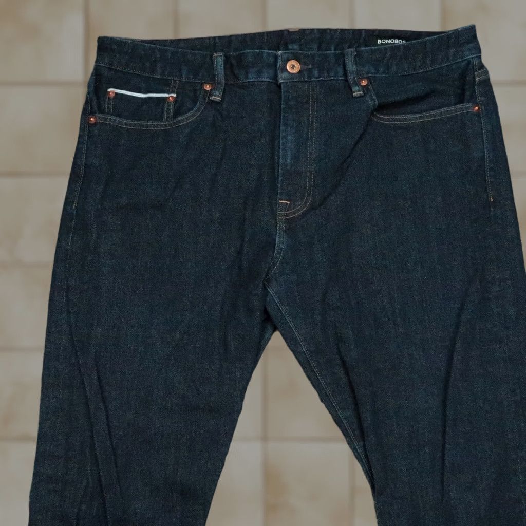 Bonobos Bonobos Jeans Mens 35x30 Blue Dark Wash Stretch Denim 5-Pocket Straight Classic 5-Pocket Design Mens Jeans Size US 35 - 1 Thumbnail