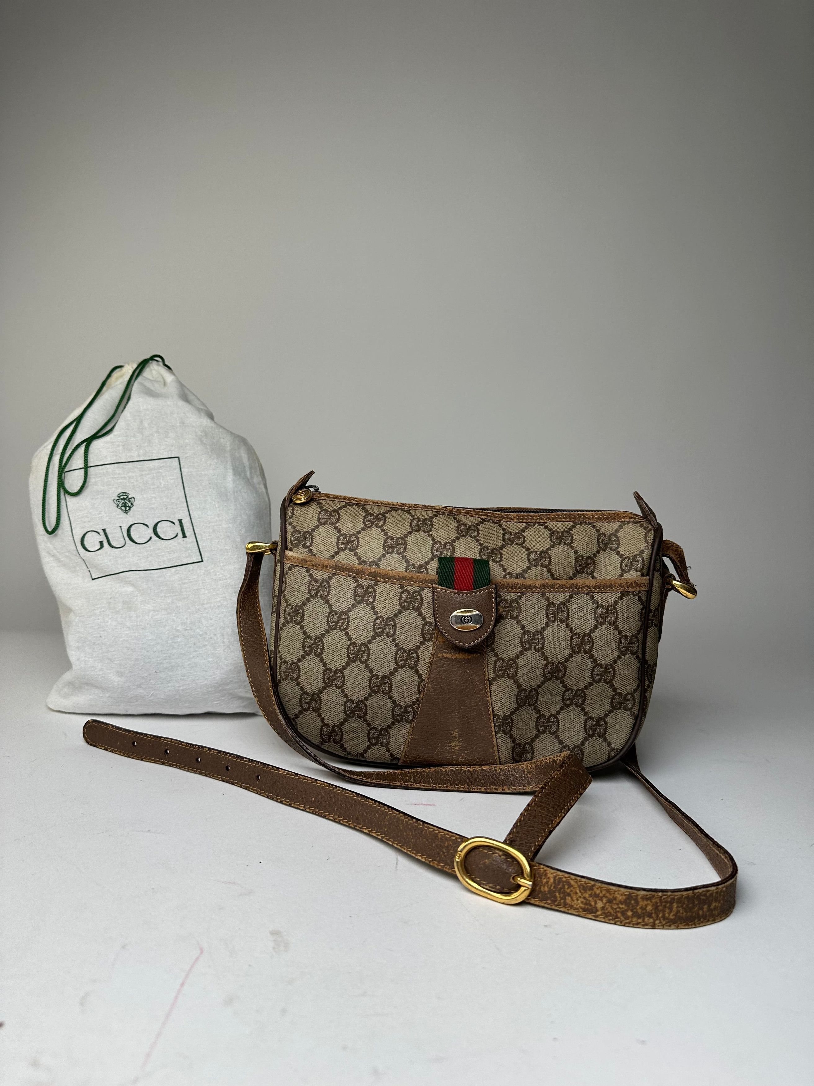 Gucci Vintage GG Monogram Web Stripe Canvas Leather Crossbody Bag Size ONE SIZE - 1 Thumbnail