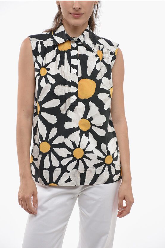 image of Marni Floral Patterned Daisy Cotton Blouse in Black/White, Women's (Size Small)