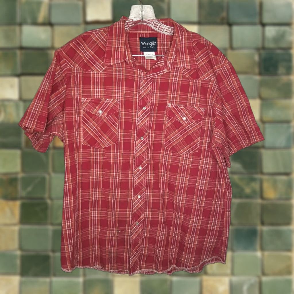 Wrangler VINTAGE Wrangler Western Shirt Red Orange Plaid Short Sleeve Button-Up Adult XL Mens Size US XL / EU 56 / 4 - 1 Thumbnail