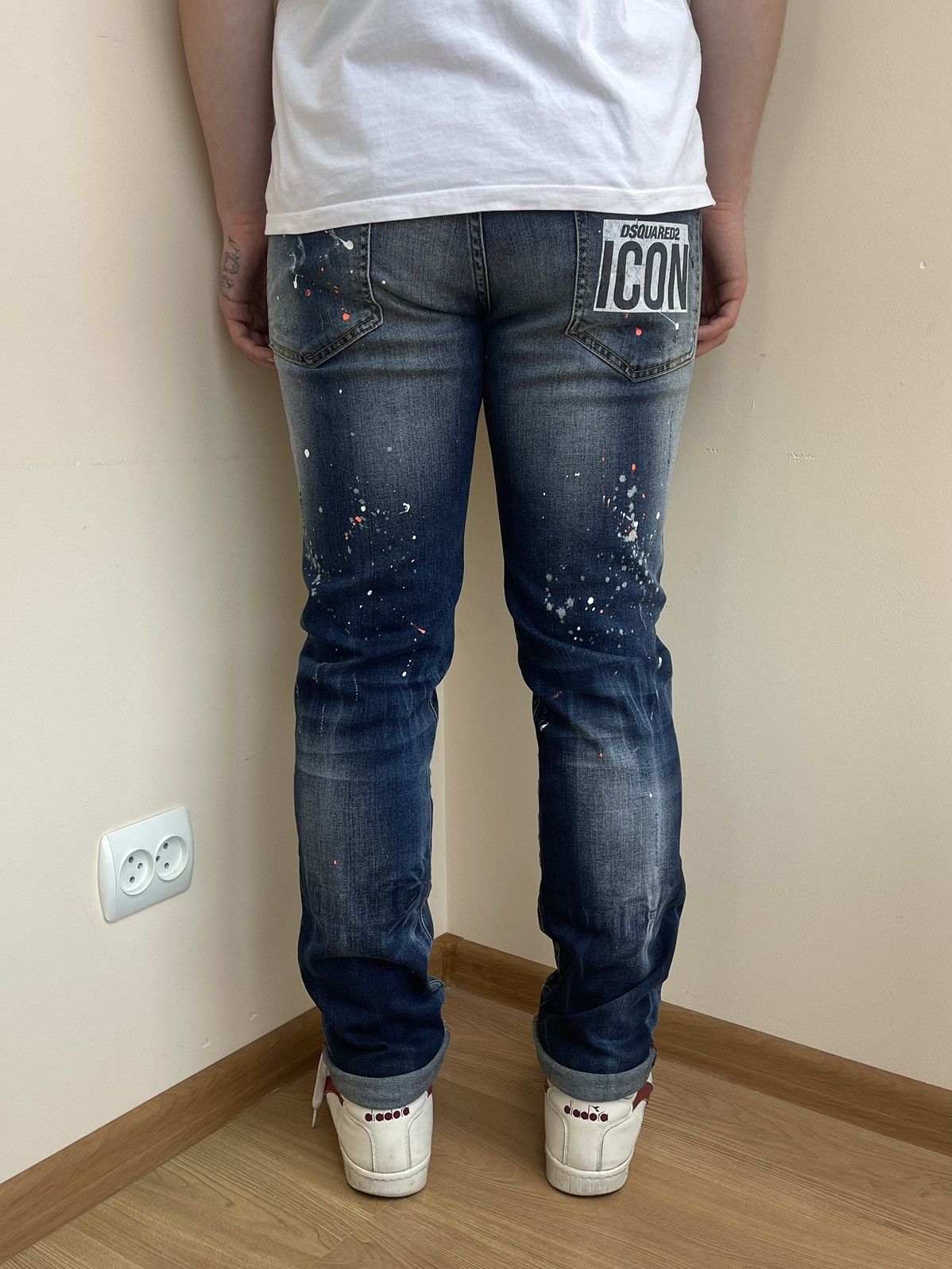 Dsquared2 Icon Slim Jean Distressed Wash Denim Paint-Splattered Jeans Size US 32 / EU 48 - 4 Thumbnail