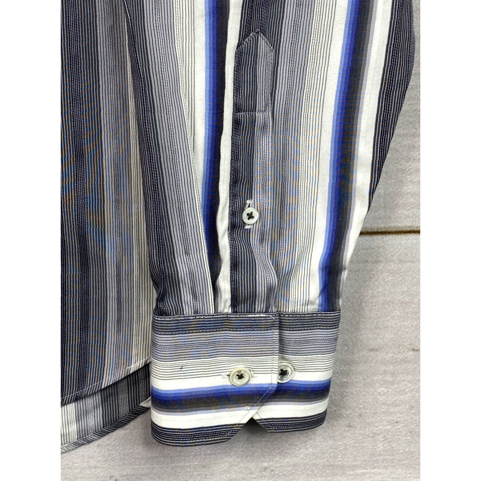 VINTAGE Bugatchi Uomo Dress Shirt Mens L Gray Classic Fit Flip Cuff Striped  Button Up