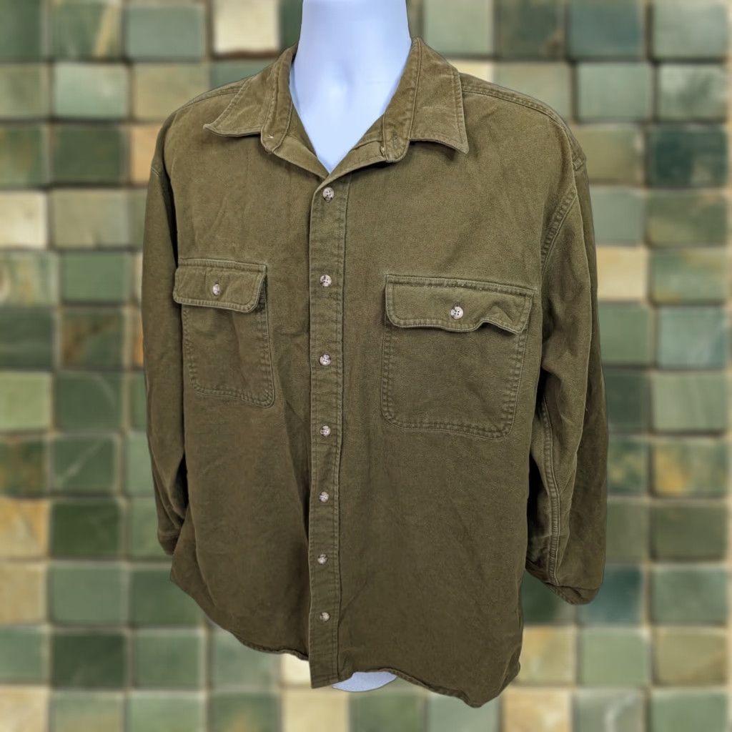 CLOT VINTAGE Gander Mountain CHAMOIS FLANNEL WORK SHIRT Mens XLT (Big & Tall) Green Cotton Heavyweight 80s Buttons Long Sleeve Size US XL / EU 56 / 4 - 1 Thumbnail