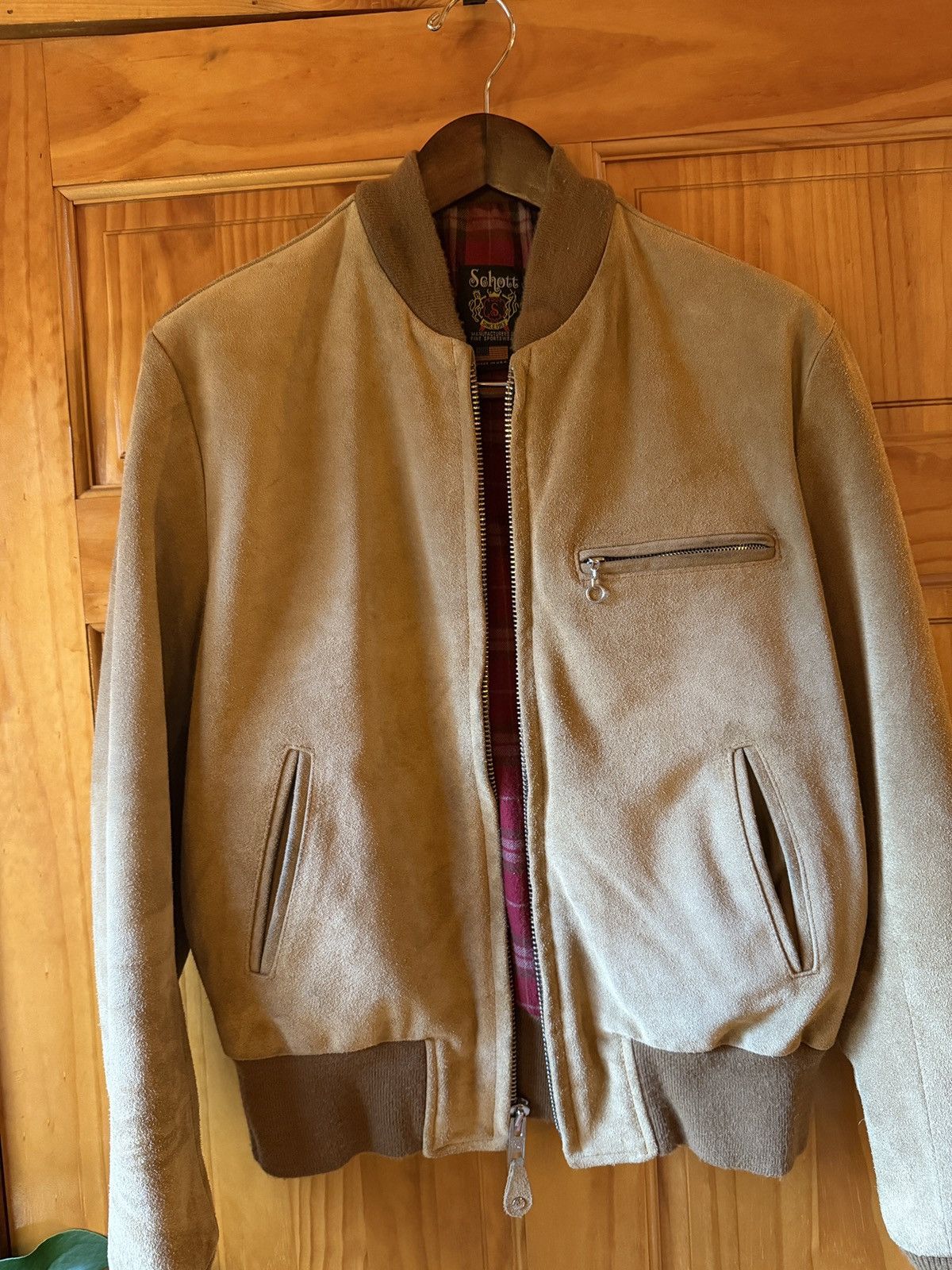 Schott Schott NYC Men's Suede Leather Bomber Jacket Large Tan Lined Size US L / EU 52-54 / 3 - 1 Thumbnail