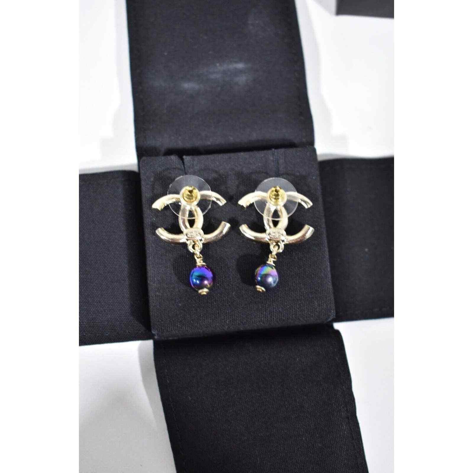 Chanel Chanel Gold Crystal Pearl Purple Statement Stud Earrings Size ONE SIZE - 10 Thumbnail