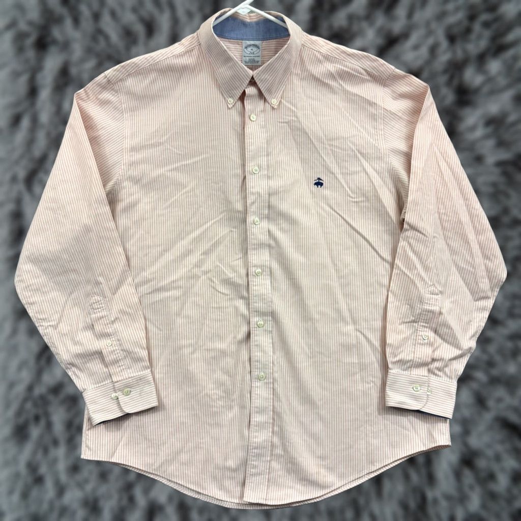 Brooks Brothers Brooks Brothers Shirt Men's XL Salmon Striped Supima Oxford Button Long Sleeve Size US XL / EU 56 / 4 - 1 Thumbnail