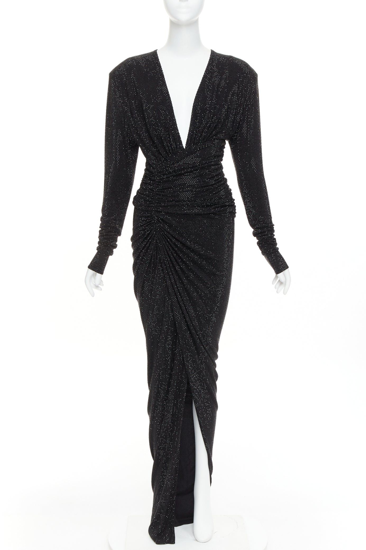 Alexandre Vauthier ALEXANDRE VAUTHIER black strass crystal Power shoulder padded wrap draped slit gown dress Size S / US 4 / IT 40 - 1 Thumbnail