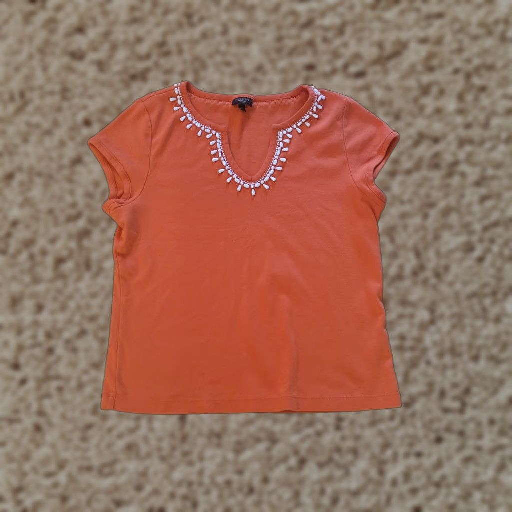 Talbots Talbots Blouse Shirt Womens XL Orange White Beaded Neckline V-Neck Short Sleeve Casual Jersey Cotton Shirt Size XL / US 12-14 / IT 48-50 - 1 Thumbnail