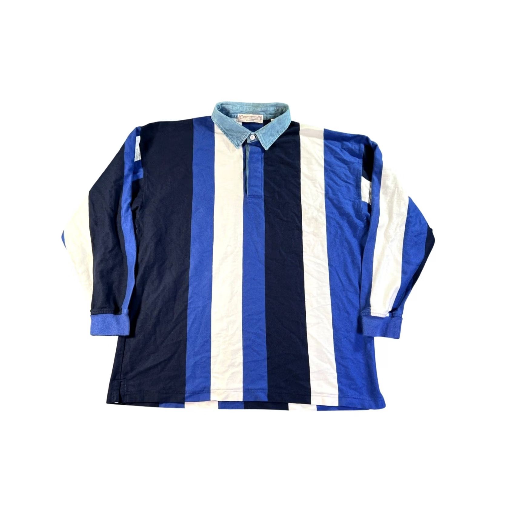 Denime VINTAGE John Ashford Rugby Shirt Mens Big 2X Blue White Vertical Stripe Denim Collar Cotton Long Sleeve Crew Neck casual Size US XXL / EU 58 / 5 - 2 Thumbnail