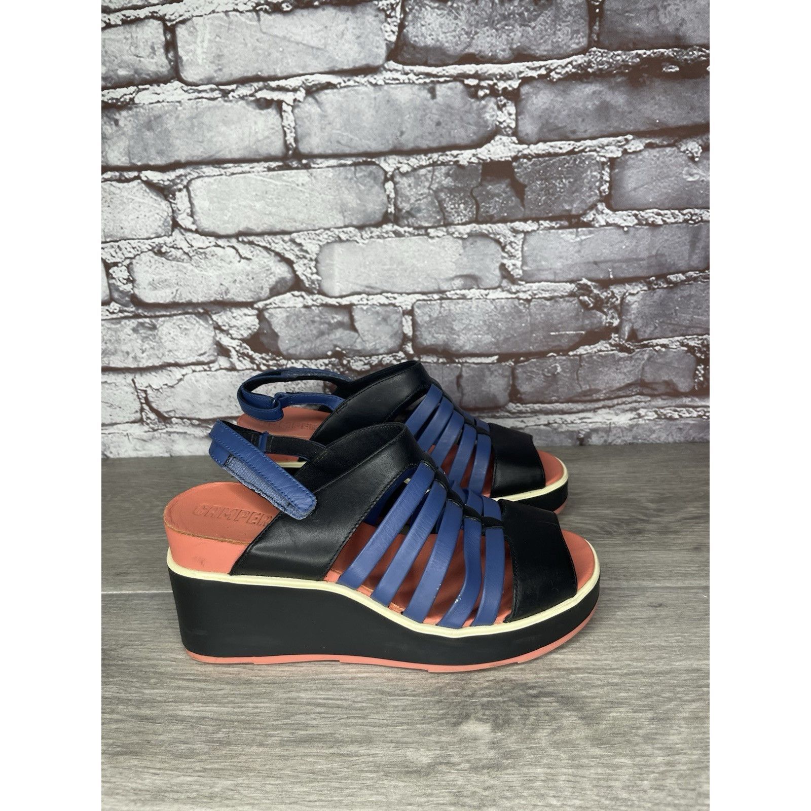 Camper Camper Tropic Black Blue Leather Ankle Strap Wedge Sandals W Size US 5.5 / IT 35.5 - 3 Thumbnail