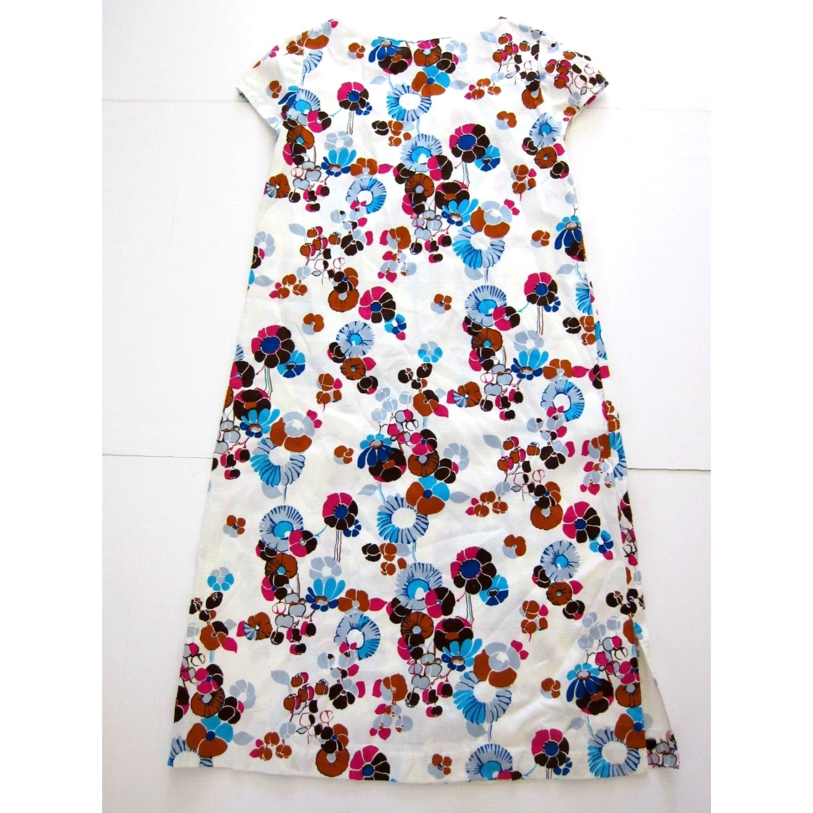 Pinko VINTAGE Handmade White Pink Blue Floral Short Sleeve Sheath Shift Tunic Dress L Size 36" / US 14 / IT 50 - 2 Thumbnail