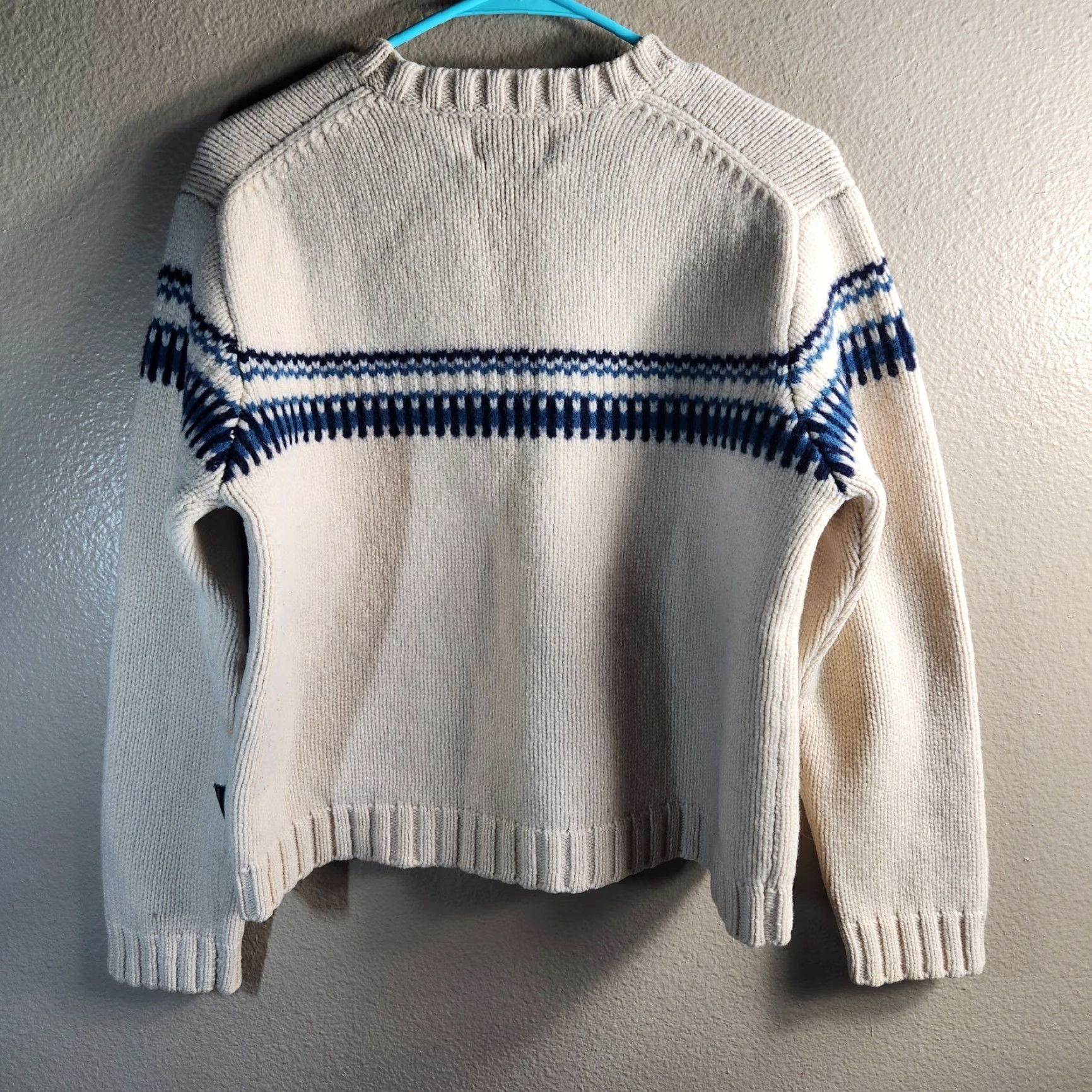 American Eagle Outfitters VINTAGE American Eagle Outfitters Sweater | Pullover Knit Crewneck | Women L | Beige/Navy Lambswool | Striped Chunky-Knit | Casual Fall/Winter Women Size L / US 10 / IT 46 - 4 Thumbnail