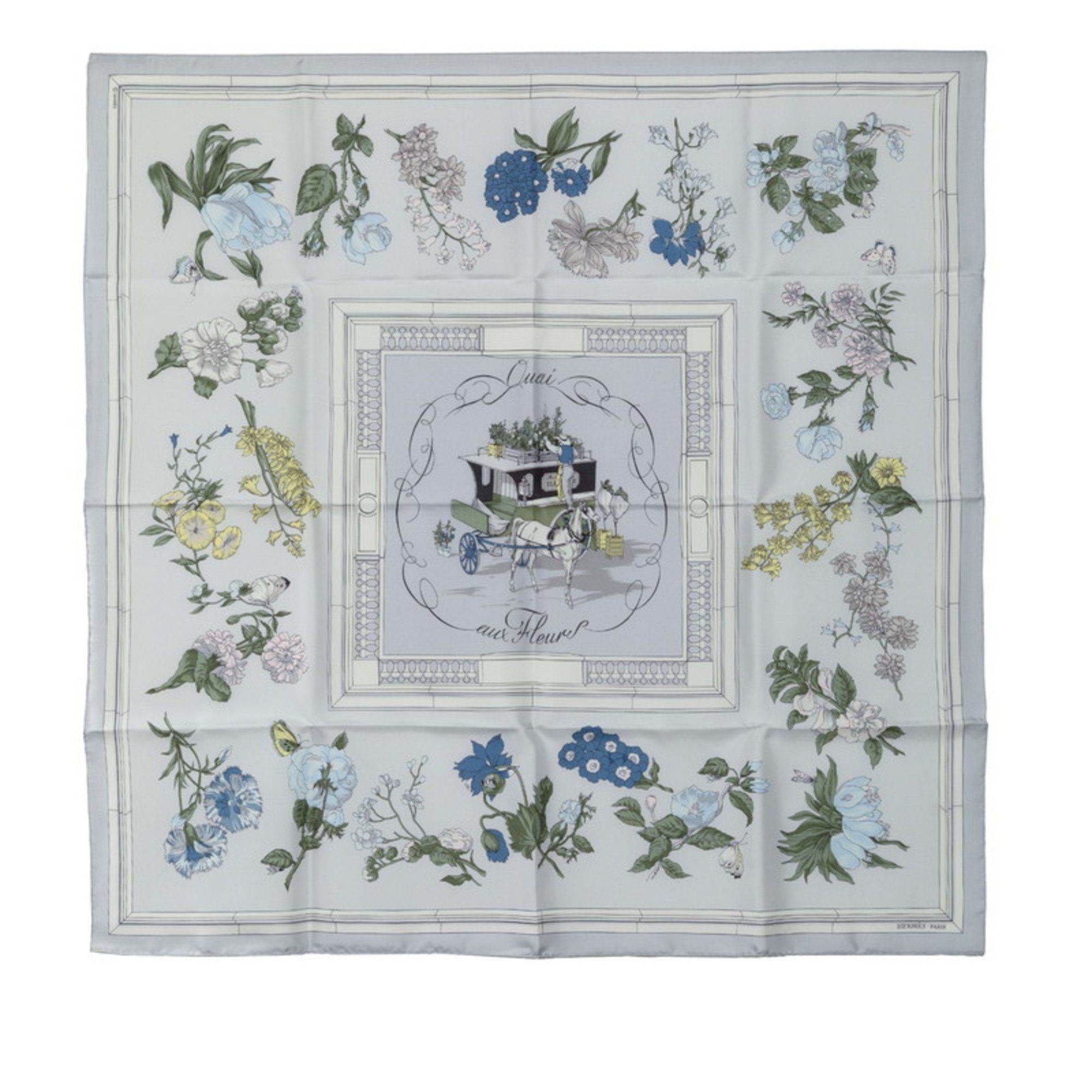 image of Hermes Carré 90 Quai Aux Fleurs Flowering Coastline Scarf Muffler White Blue Multicolor Silk Women'