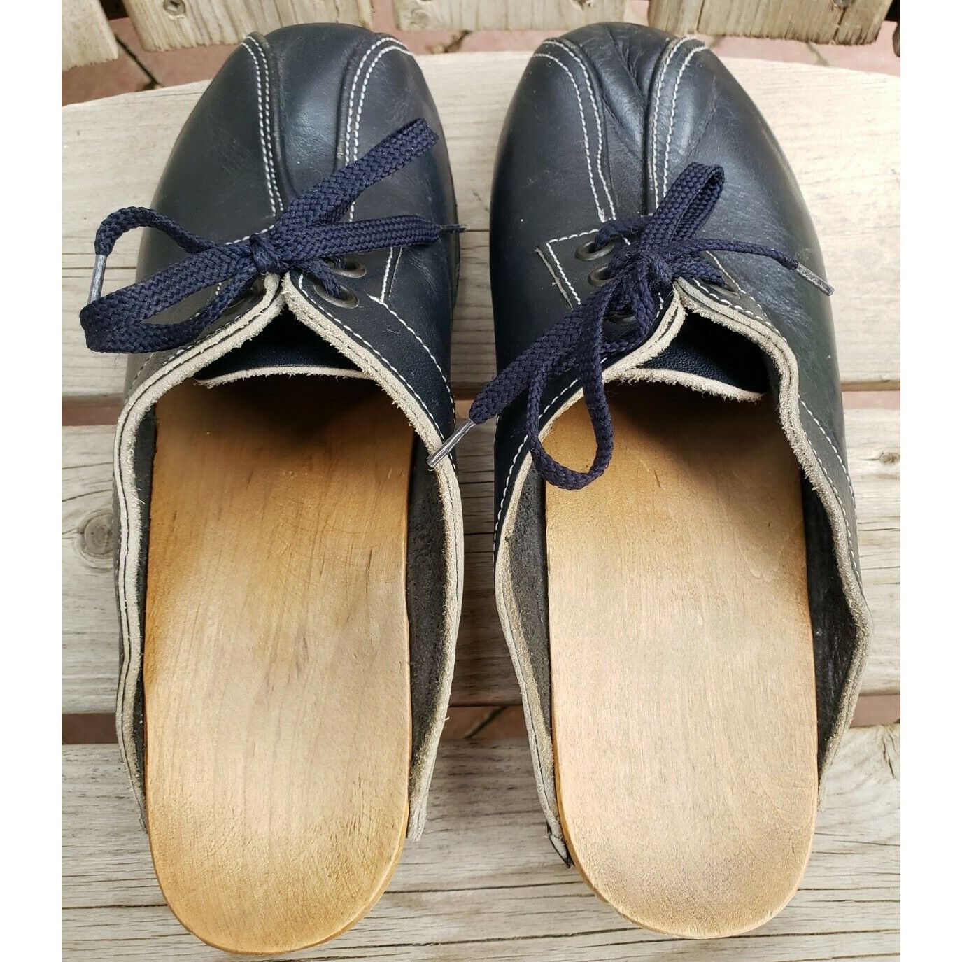 Vintage 70s Leather Wood Clogs Womens Sz 6 Blue Mules Festival Vinta Size US 6 / IT 36 - 5 Thumbnail