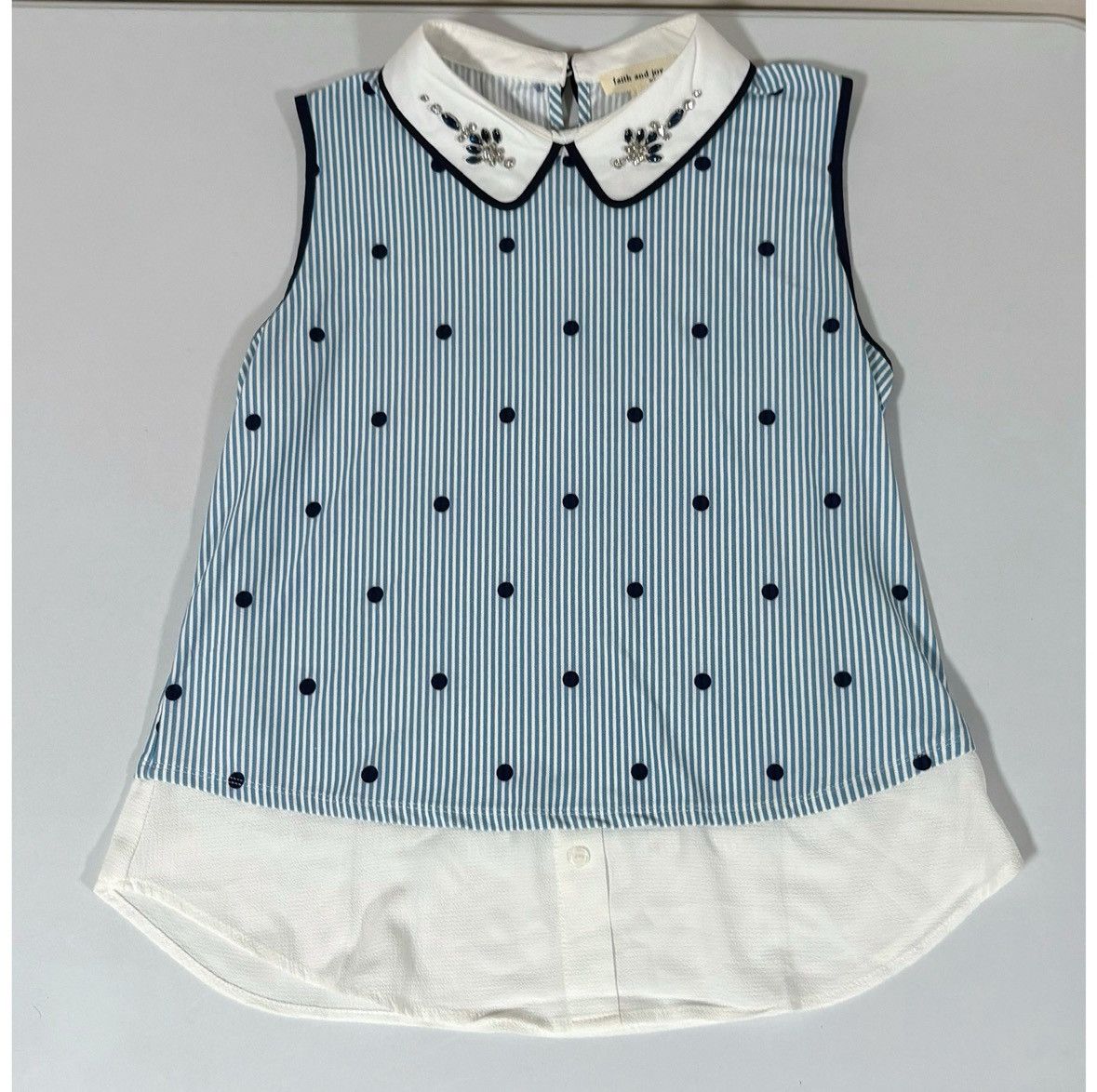 Japanese Brand Blue White Striped Polka Dot Collared Shirt Blouse Size S 🩵✨ Size S / US 4 / IT 40 - 2 Thumbnail