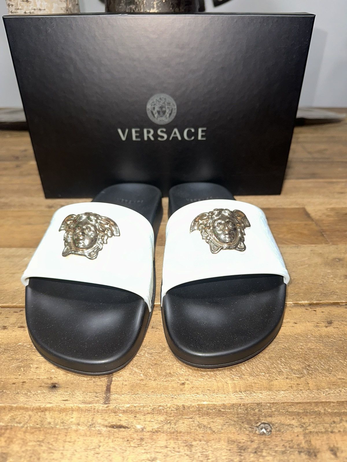 image of Versace Rubber Pool Slides in White, Women's (Size 8.5)