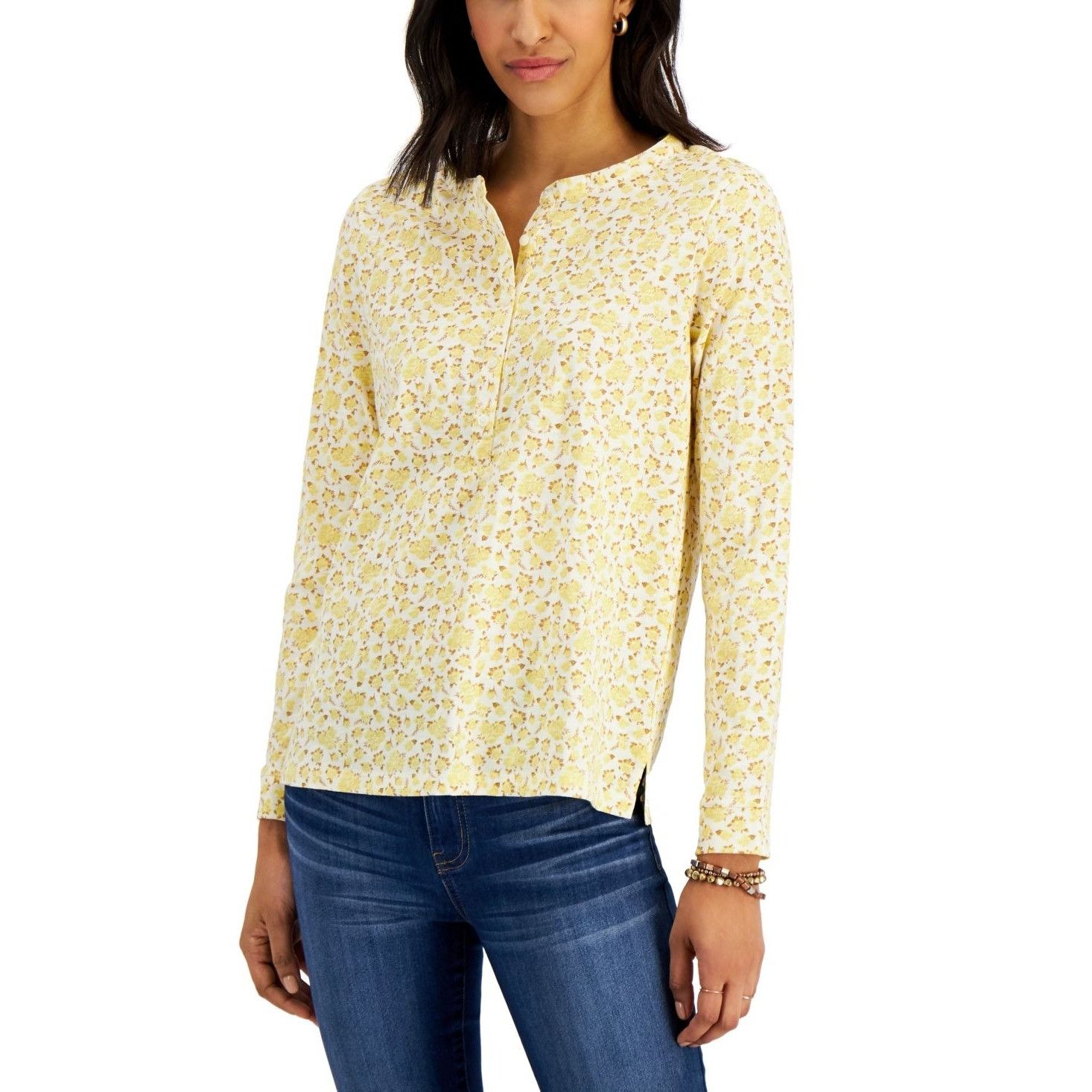 image of Style & Co Petite Printed Cotton Knit Top, Sunbeam Yellow, P, Women's