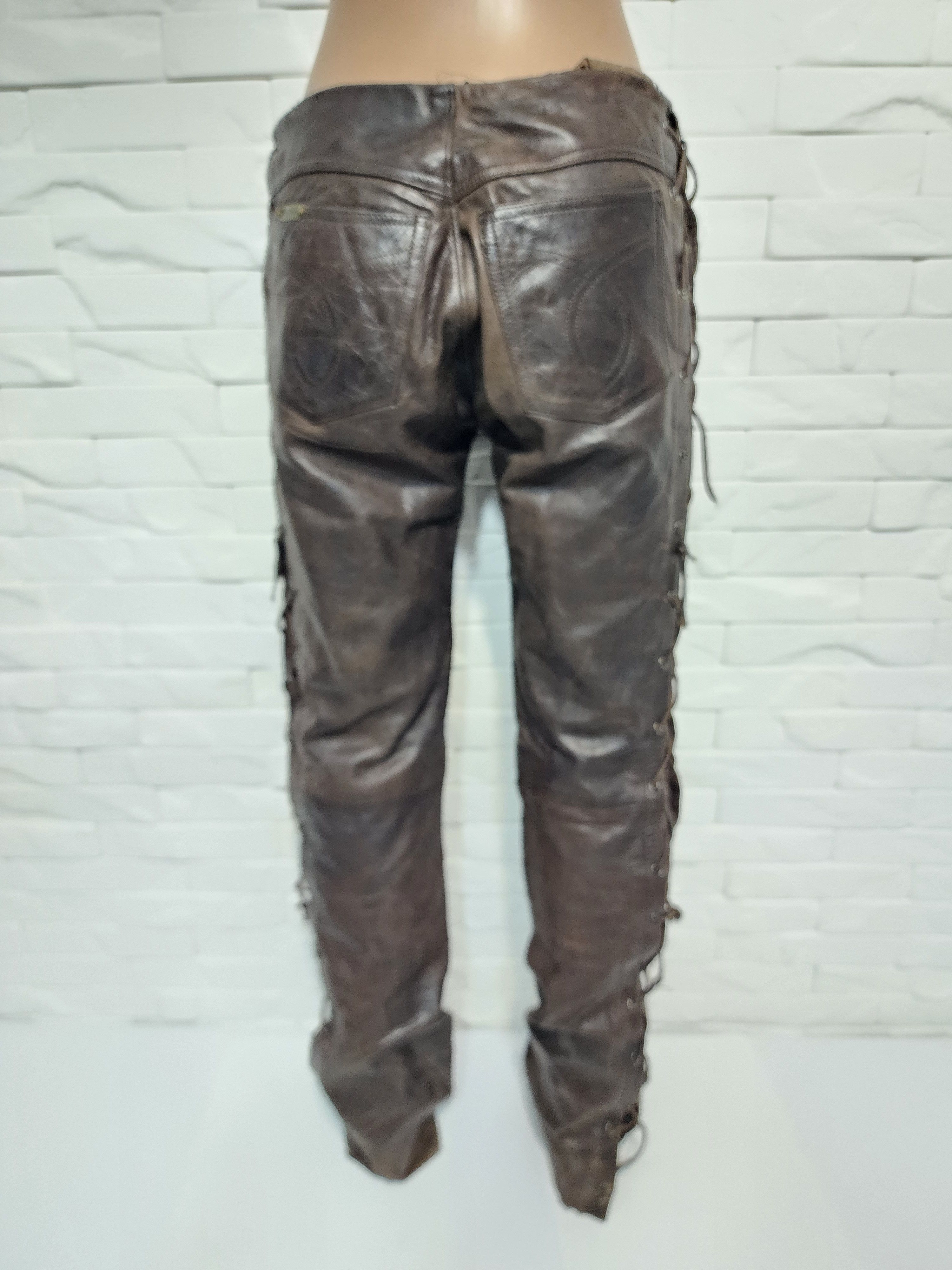 Genuine Leather Brown Leather Motorcycle Pants with Lacing Size US 28 / EU 44 - 4 Thumbnail