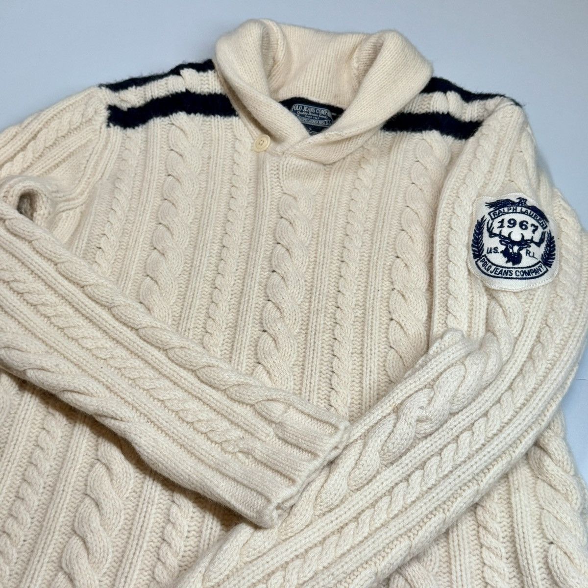 Ralph Lauren 90s Polo Jeans Company by Ralph Lauren 100% Wool Shawl Cable Size L / US 10 / IT 46 - 2 Thumbnail
