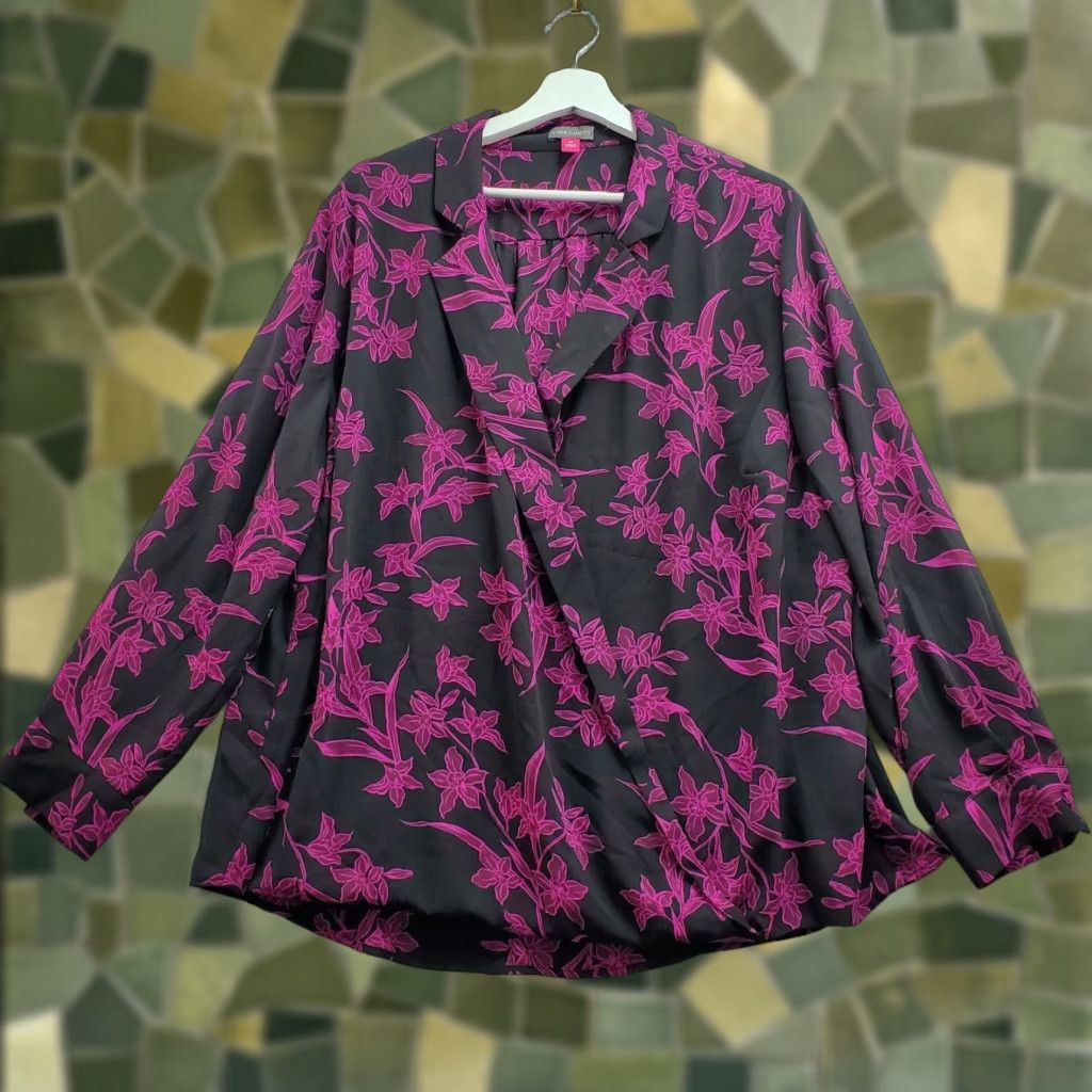 Vince Camuto Vince Camuto Blouse Top Women's 2X Black Purple Floral Overlap Office Cocktail Shirt Women 2X Black Floral Overlap Office Cocktail Vince Camuto Size XXL / US 16-18 / IT 52-54 - 1 Thumbnail