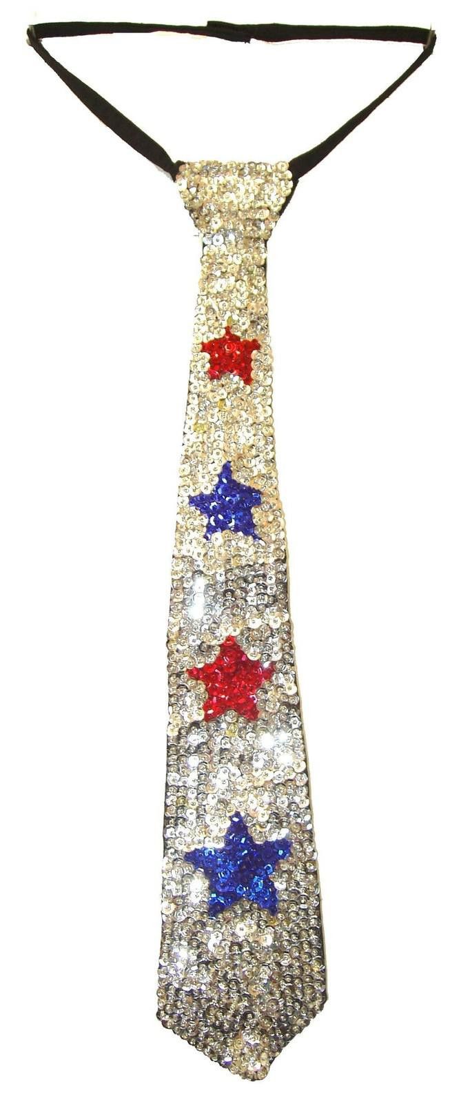 Designer Sequin Neck Tie Silver w/Red & Blue Stars Adult Unisex Size ONE SIZE - 1 Preview