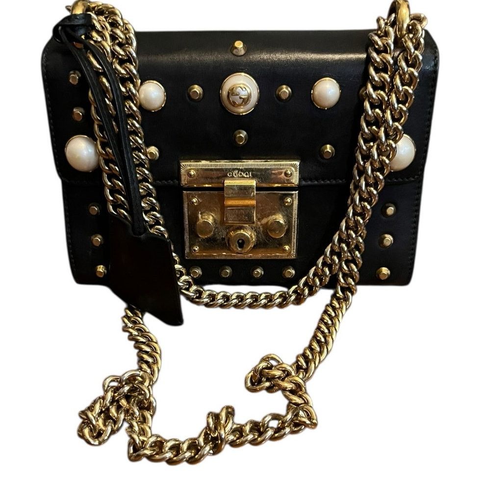 Gucci Black Leather Faux Pearl Padlock Shoulder Bag, Women's