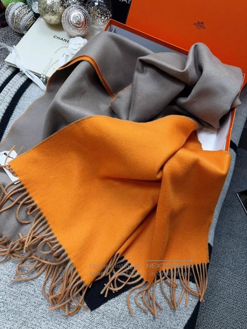 Hermes Hermes Grey Brown and Orange Dual-Sided Cashmere Scarf Size ONE SIZE - 2 Thumbnail