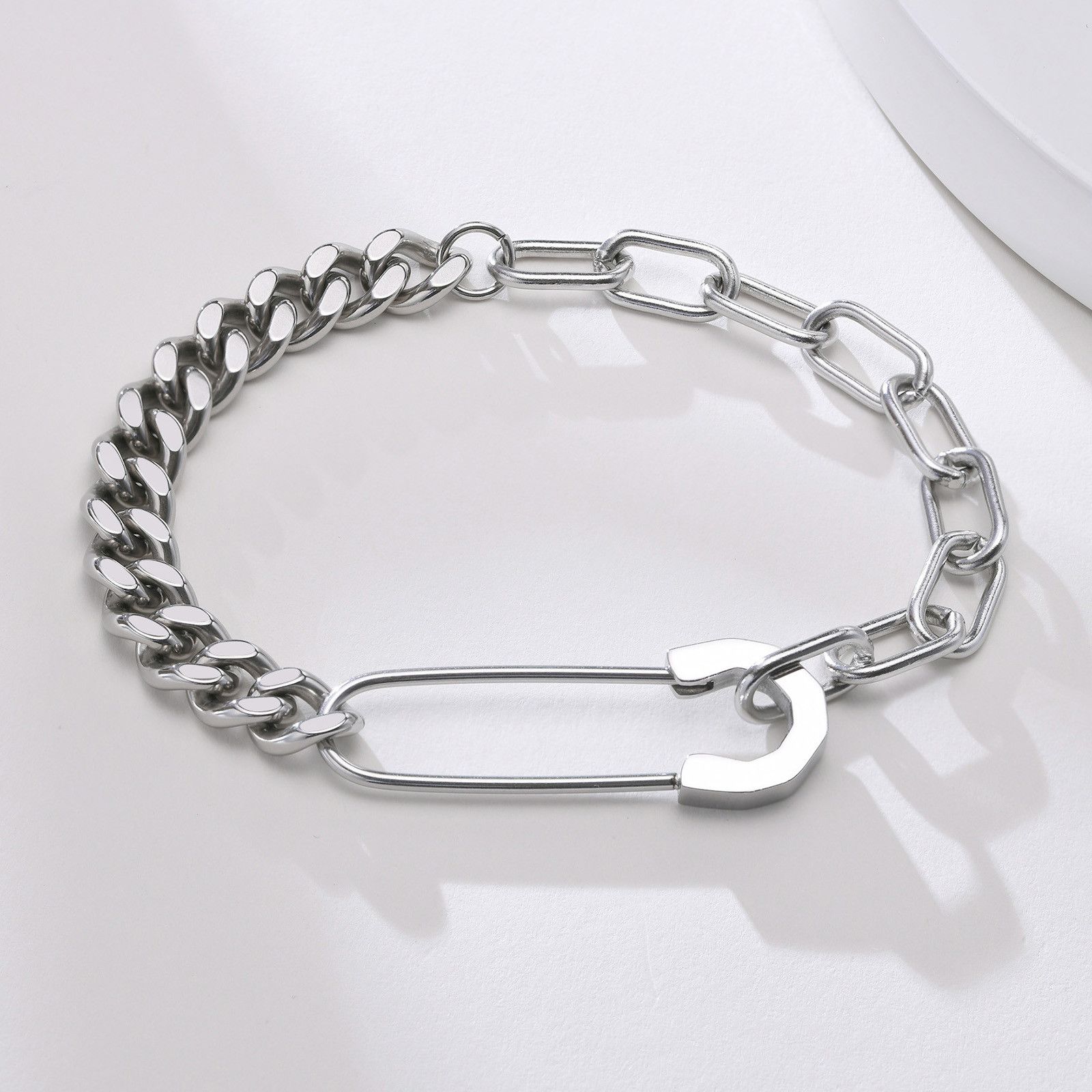 Jewelry Stainless Steel Bracelet Safety Pin Half Cuban Chain Size ONE SIZE - 5 Thumbnail
