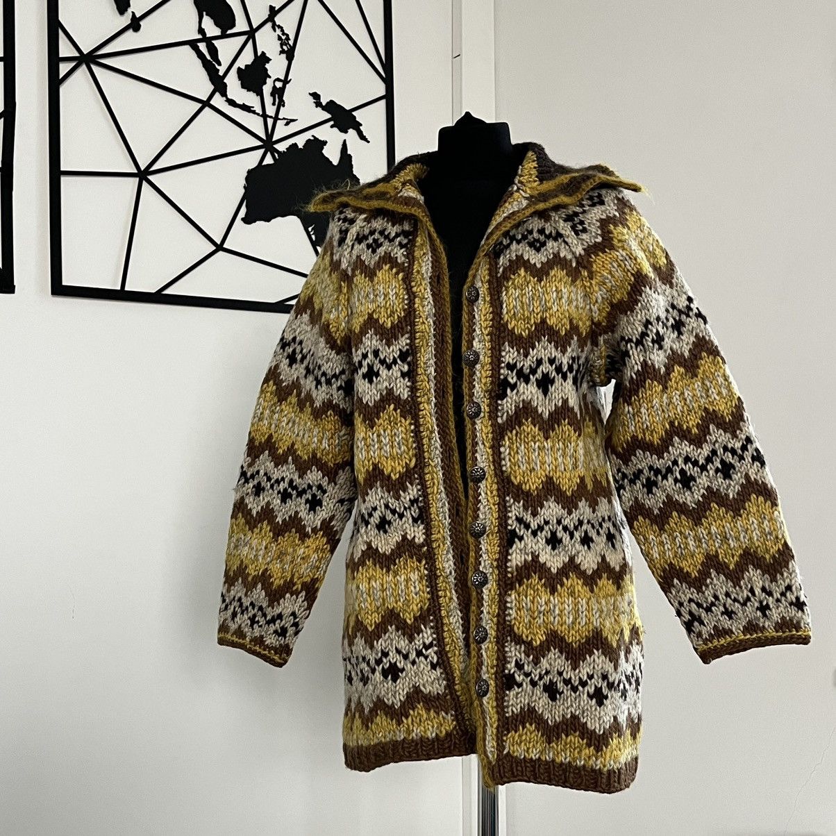 Vintage Brown and yellow woollen chevron cardigan sweater handmade Size M / US 6-8 / IT 42-44 - 1 Thumbnail