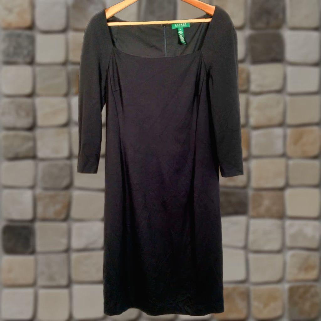 Ralph Lauren VINTAGE Lauren Ralph Lauren Sheath Dress Size 14 Black Stretch Rayon 3/4 Sleeve Square Neck Classic Professional Womens Size XL / US 12-14 / IT 48-50 - 1 Thumbnail