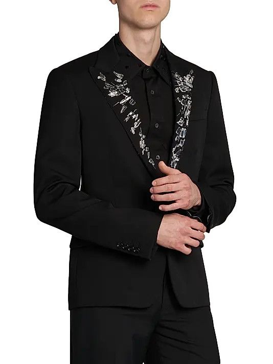 Alexander McQueen o1w1db10925 Embroidered Single-Breasted Wool Jacket in Black Size US M / EU 48-50 / 2 - 3 Thumbnail