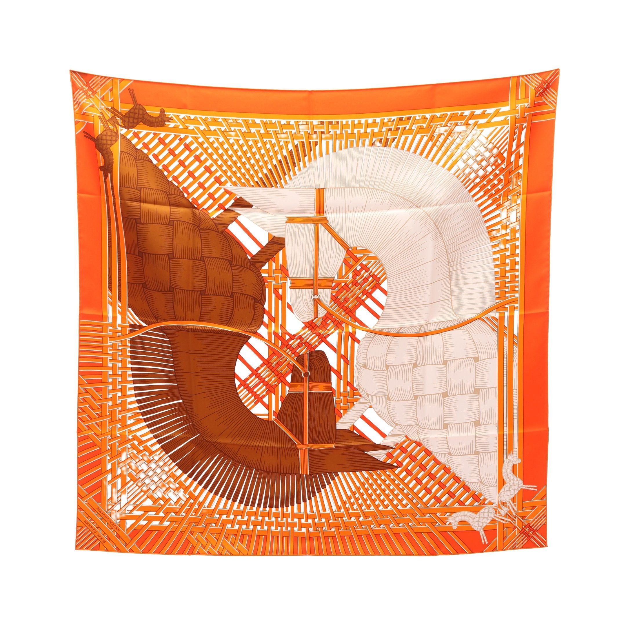 Hermes Hermes Carres 90 Masan&Masan Scarf Silk Orange Brown Ivory Size ONE SIZE - 1 Thumbnail