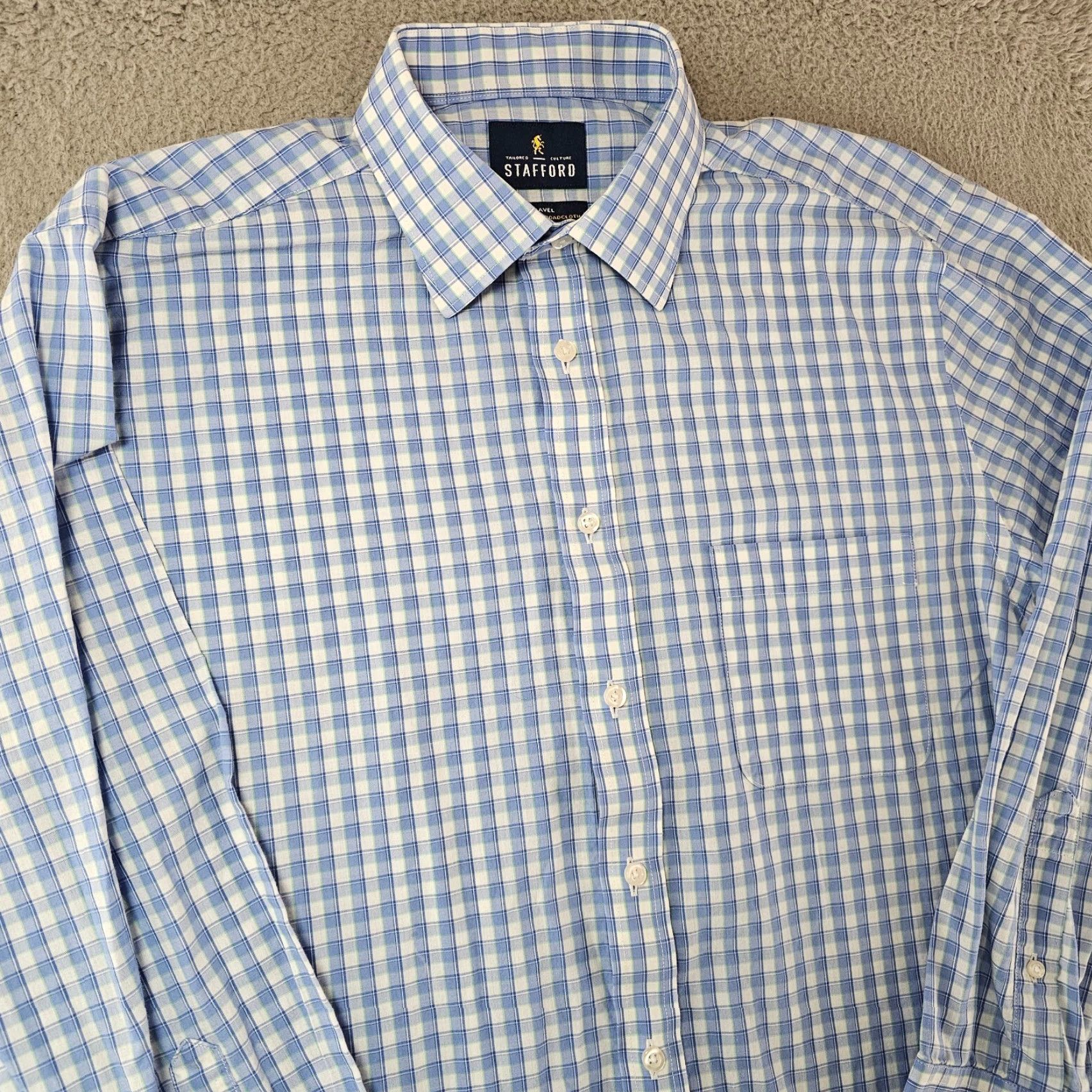 Stafford Stafford Dress Shirt Men’s Size 16 Regular Blue Check Broadcloth Long Sleeve Button Collared Non-Iron Wrinkle Resistant Size 42R - 3 Thumbnail