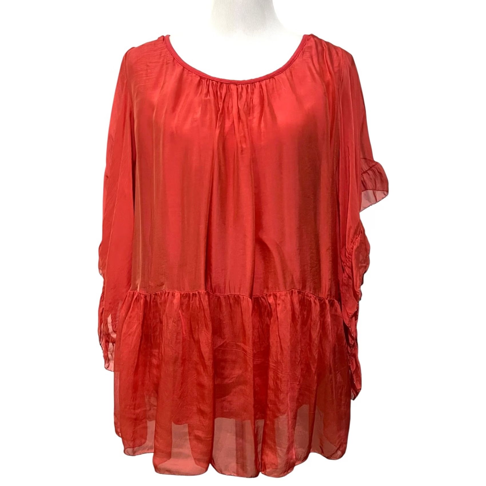 Vintage Belle France Silk Blend Top Blouse M Coral Boho Fairycore Ethereal Flowing Kimono Sleeve Women Smart Casual Party/Cocktail Regular XS? Size M / US 6-8 / IT 42-44 - 3 Thumbnail