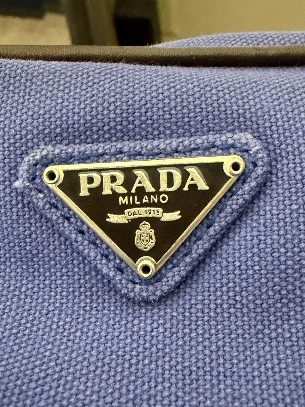 Prada Prada Blue Canvas Brown Leather Logo-Lined Clutch Pouch Bag Size ONE SIZE - 7 Thumbnail