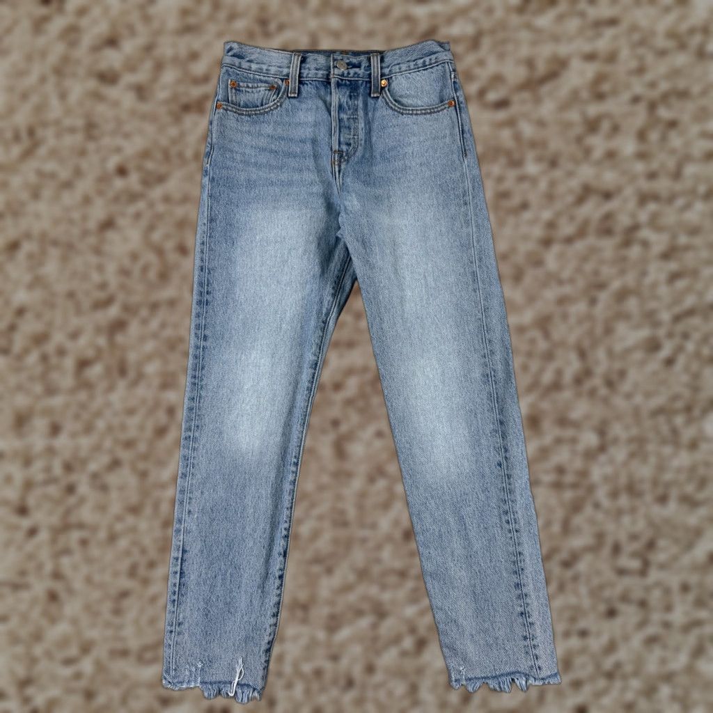 Levi's Levis Premium Jeans Womens 25 Blue Denim Tapered Wedgie Fit Levi's Wedgie Jeans 5-Pocket Distressed Button Fly Size 42" / US 20 - 1 Thumbnail