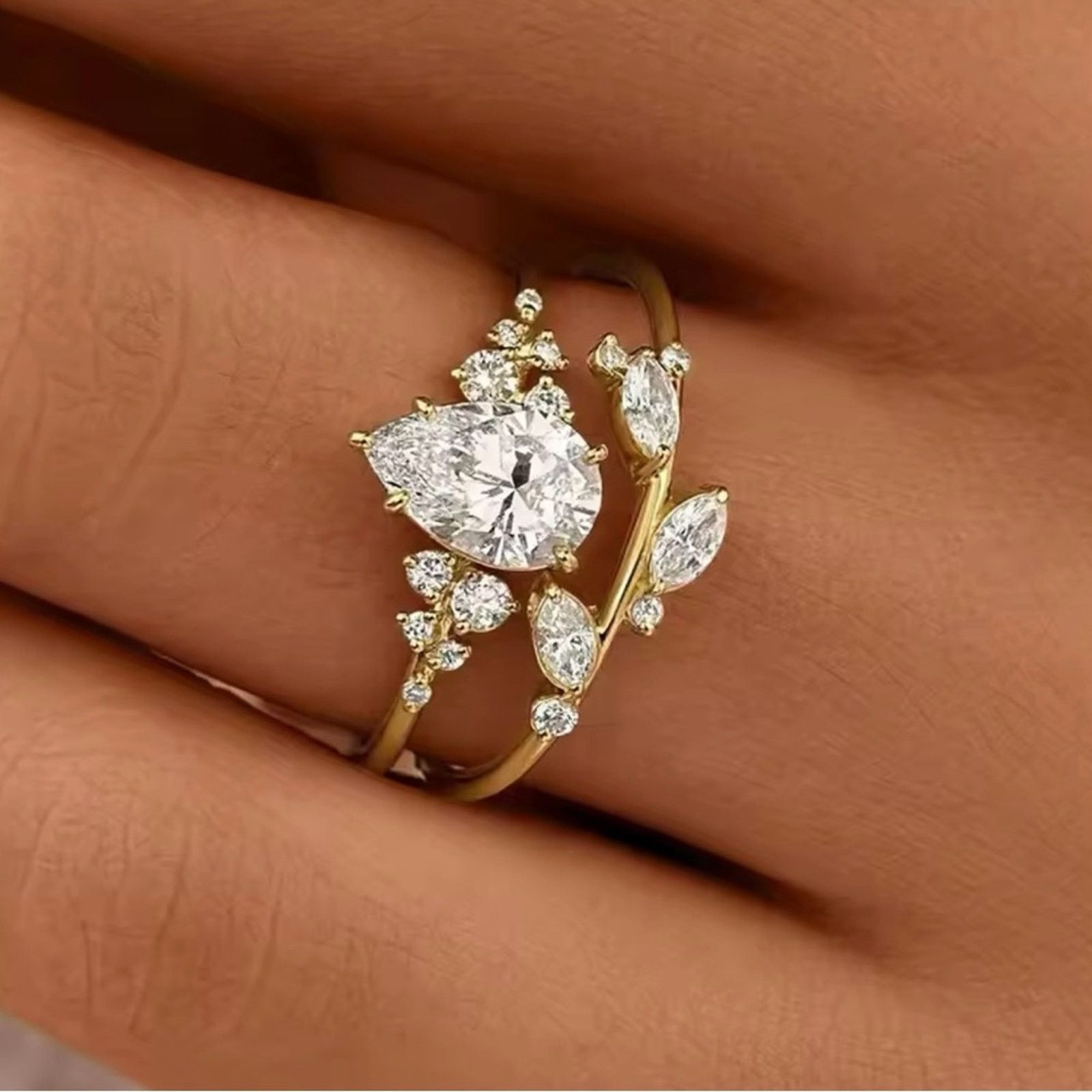 Other Pear Cubic Zirconia Set Rings for Women Exquisite Leaf Size ONE SIZE - 1 Thumbnail