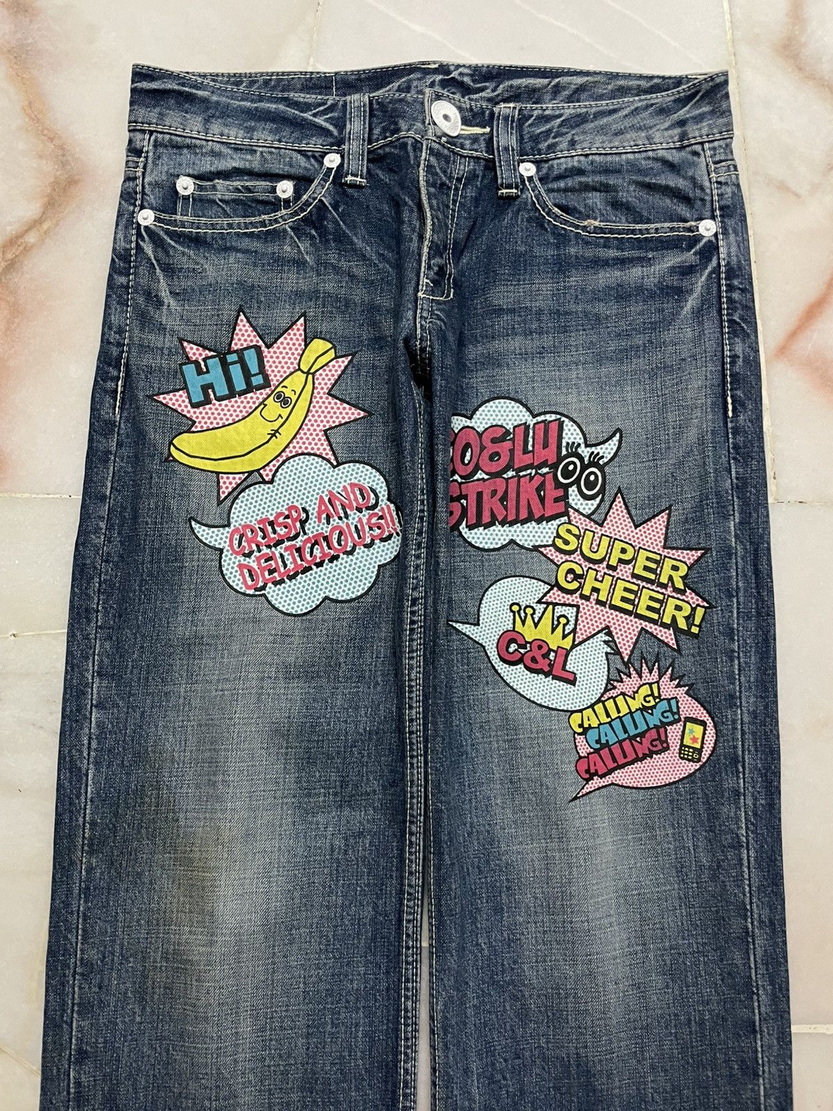Japanese Brand 💥Sick💥Vintage Co&Lu Mudwash Super Cheere Print Denim Jeans Size US 31 - 3 Thumbnail