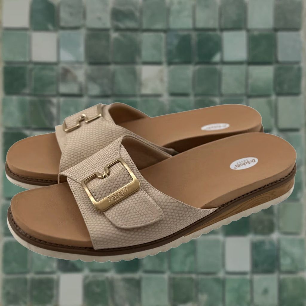 Vintage Dr Scholls Womens 9.5 Slide Sandals Beige Snake Print Buckle Platform Comfort Size US 10 / IT 40 - 1 Thumbnail