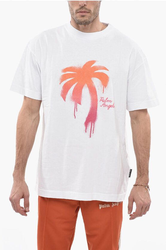 image of Palm Angels Crew-Neck Cotton T-Shirt With Gradient Print in White, Men's (Size XS)