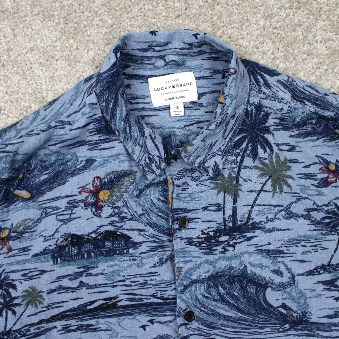 Lucky Brand Lucky Brand AOP Camp Shirt Mens Small Blue Linen/Viscose Blend S/S Loop Collar Shirt Size US S / EU 44-46 / 1 - 5 Thumbnail