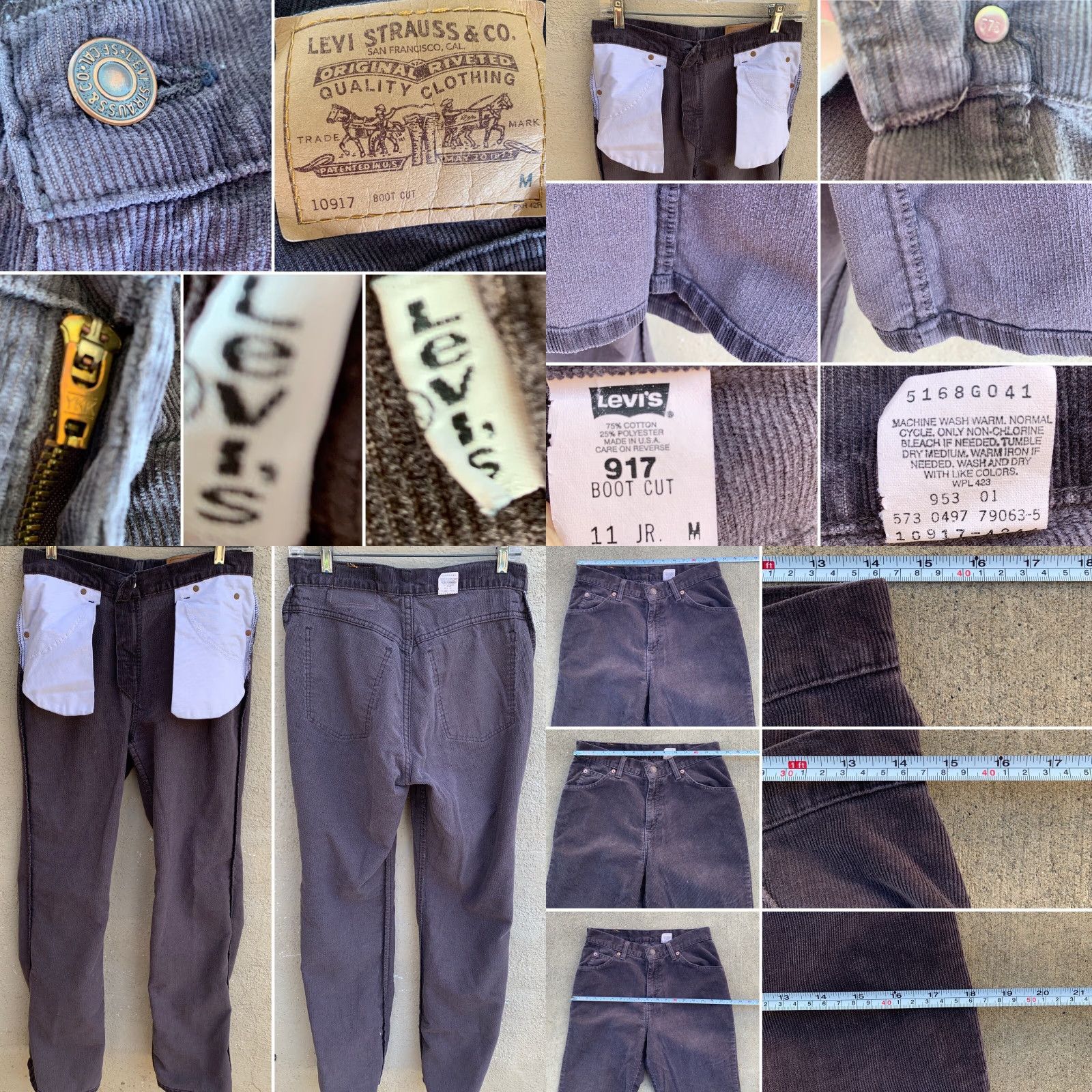 Levi's VINTAGE Levi's 917 Boot Cut Corduroy Pants Made In USA 11 JR M 30” Gray Jeans, White Tab, Zipper Fly, 1990s, Mens Girls Boys Size 32" / US 10 / IT 46 - 8 Thumbnail