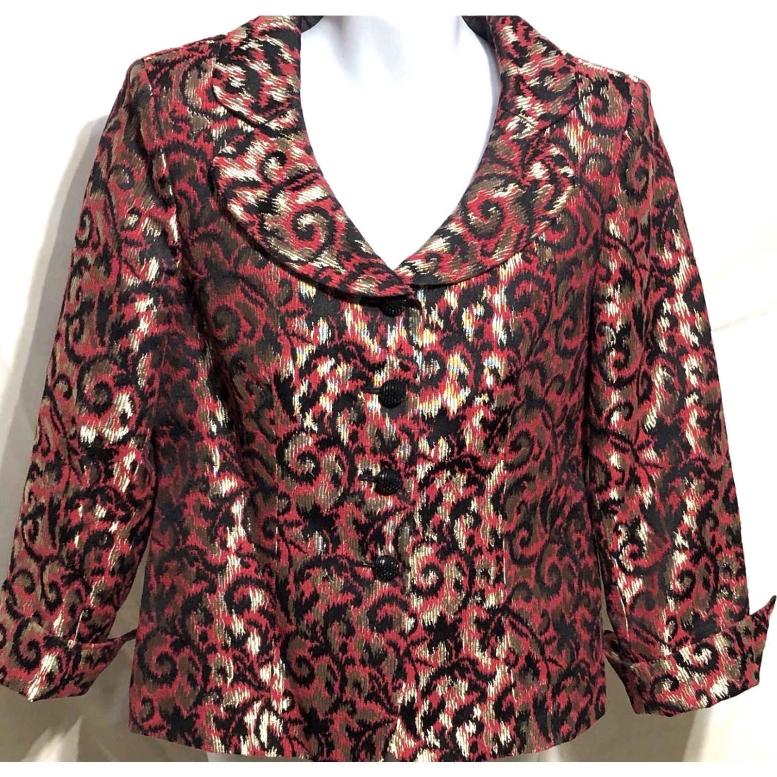 Kasper Kasper Brocade Jacket Blazer 12P Red Geometric Cropped Four-Button Jewel Button Size XL / US 12-14 / IT 48-50 - 2 Thumbnail
