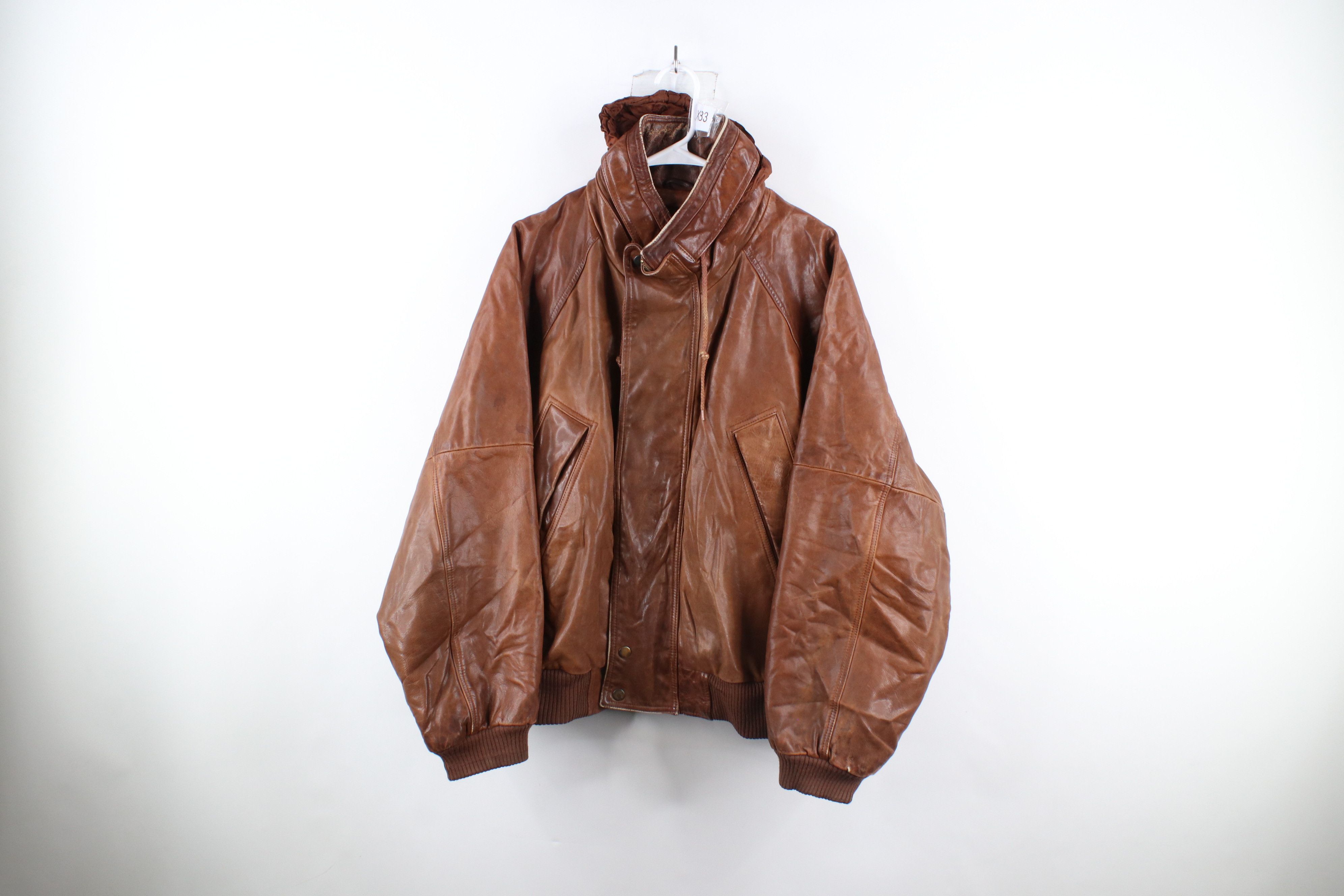 image of Vintage 90's Streetwear Hooded Leather Bomber Jacket Brown, Men's (Size XL)